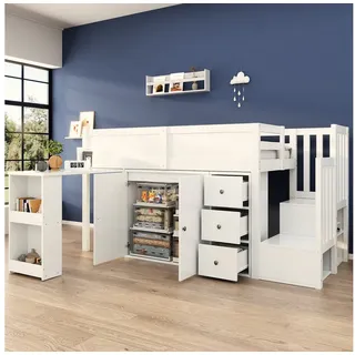 OKWISH Hochbett Kinderbett mit ausziehbarem Schreibtisch, Treppe und Schrank, MDF (Etagenbett, Kinderbett, Hochbett, 1-St., Mit Seitlichem Ablagefach, Schublade, Treppenschrank) Ausziehbarem Schreibtisch