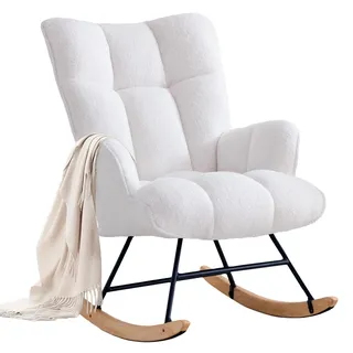 XH.Easy Go Schaukelstuhl Stillsessel Schaukelsessel mit Armlehnen Gepolsterter Schwingsessel Stillstuhl Sessel Relaxsessel für Wohnzimmer Schlafzimmer Babyzimmer, Bis 136 kg Belastbar, Weiß