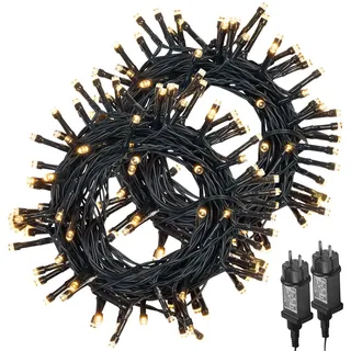 Lunartec Weihnachtslichterkette: 2er-Set LED-Lichterketten mit 100 LEDs, Timer, Batterie, warmweiß, 10m (Lichterkette Outdoor Batterie, Lichterkette außen, Weihnachtsbaumbeleuchtung kabellos)