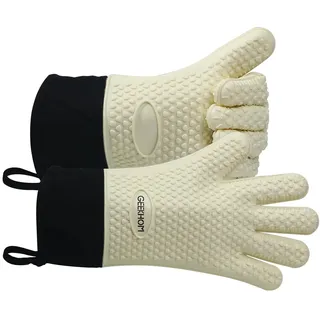 GEEKHOM Silikon Ofenhandschuhe Hitzebeständig Topfhandschuhe BBQ Handschuhe Wasserdicht Küchenhandschuhe für Backofen Grillen Mikrowelle, rutschfeste Backhandschuhe Mit Fingern, Beige, M
