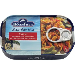 Rügen Fisch Scomber Mix, Makrelenfilets zerkleinert mit Gemüse und Tomatenmark, 120g (Packung mit 6)