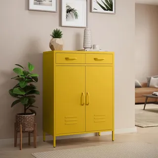 skølm Atria Metall Kommode – Sideboard in Gelb – Metallschrank mit 2 Fächern & 2 Schubladen – Mehrzweckschrank – Industrial Highboard – Aufbewahrungsschrank/Flurschrank – Flexible Einlegeböden