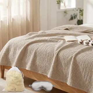 Liocwocne Sanfte Musselindecke 150x200 cm aus 100% Baumwolle, Leichte Musselin Decke Erwachsene für Sommer - Atmungsaktive Kuscheldecke & Tagesdecke für Sofa, Couch und Bett (Hellbeige,150×200 cm)
