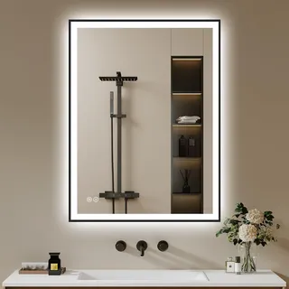 Badspiegel-mit-Beleuchtung 60x80 Badezimmerspiegel LED Badezimmer Spiegel | Beschlagfrei, Dimmbar, 3 Lichtfarben, Wandspiegel Led-Spiegel-Bad Schwarz Metallrahmen Horizontal/Vertikal