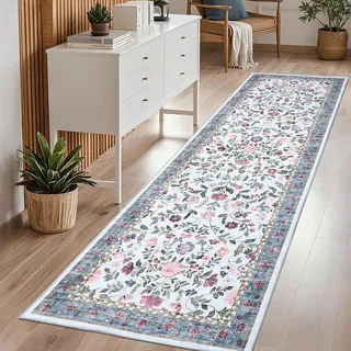 CAROMIO Blumen Läufer 60x180 cm Waschbar rutschfest Kurzflor Küche Blau | Vintage Blumenmuster Teppich für Schlafzimmer Kinderzimmer Esszimmer, Floraler Teppich Boho, Faltbar