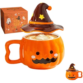 Halloween Kürbis Tasse Halloween Tasse Keramik, 380 ml Helloween Deko Kürbisse Kaffeetasse mit Hexenhut Deckel, Lustige Herbstdeko Tisch Pumpkin Mug für Halloweendeko, Thanksgiving (B)