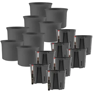 Leni Atlas Blumentopf mit Kulturtopf & Gießanzeige Hydrokultur-Set 8er-Pack | Übertopf Ø 15,3 cm Höhe 13 cm Anthrazit Kunststoff matt | Pflanztopf für Hydrokultur