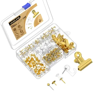 Uniclife 200 Stück Goldene Push-Pins, Goldene Reißzwecken für die Wand, 5-Stil Push-Pins für Pinnwand & Korkboard, Reißzwecken Wand-Haken-Set für Bilder, Fotos, Notizen, Kunst und Dekoration