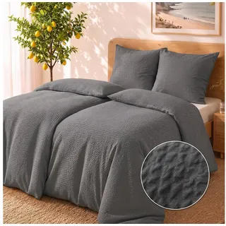 Malika Bettwäsche aus 100 % Mikrofaser, 135x200 + 80x80 cm, Seersucker, Anthrazit, Seersucker, 2 teilig, Für Allergiker geeignet, pflegeleicht, angenehm weicher Stoff