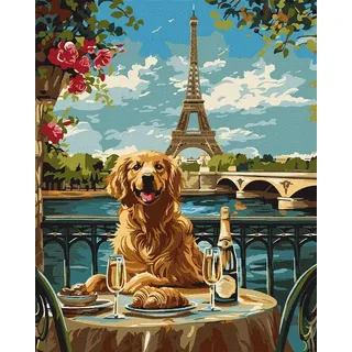 IDEYKA Ein Retriever in Paris - Malen nach Zahlen für Erwachsene, 40x50 cm, Realistisch, Acryl auf Leinwand, Mit Rahmen, Geschenkidee