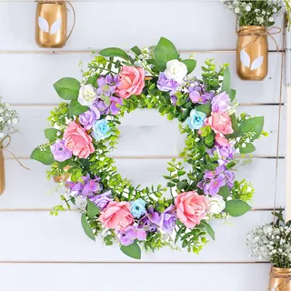 Türkranz Frühling, 45CM Frühlingskranz Haustür Frühlingsdeko Türkranz mit Rose Blumenkranz Frühlings Kranz Osterkranz Haustür Frühlingsdeko zum Aufhängen Blumen Türkranz für Frühling (A)
