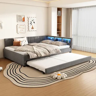 Merax Schlafsofa 140x200 cm Tagesbett Ausziehbar mit farbwechselndem LED-Streifen, USB+Type-C, Ablagefach am Bett, Ausziehbett mit Lattenrost, Leinen, Bettrahmen ohne Matratze, Grau