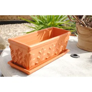 GartenGees Pflanzkasten mit Untersetzer,Blumenkasten,frostfestes Terracotta,Blattmuster,frostfest,3 Größen wählbar (40 c)