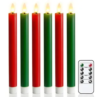 Eldnacele LED Stabkerzen in Rot und Grün, 6er Set für Weihnachten | Tafelkerzen mit Timerfunktion und Fernbedienung, Echtwachs, flackernd, Ø 2 × 25 cm, batteriebetrieben, für Adventskranz