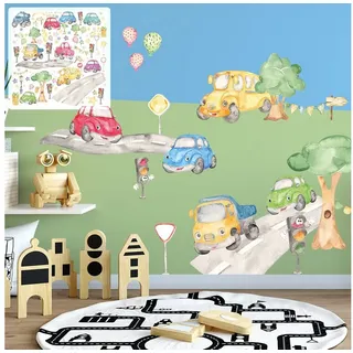 Sunnywall Wandtattoo XXL Auto Wandtattoo Set Kinderzimmer Aufkleber bunt