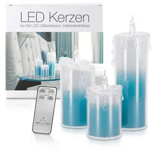 "LED Universum LED Acryl Glitzer Kerze Blau 3er Set \"Liza\" inkl. Fernbedienung und Timer"