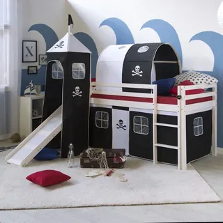 Hochbett 90x200 Kinderbett mit Rutsche Weiß Holz Massiv Turm Schwarz Homestyle4u