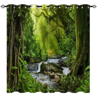 YUANZU Wald Vorhänge Natur Tropischer Dschungel Fluss Regenwald Wasserfall Ösen Gardinen mit Blickdichte Blackout Curtain Wohnzimmer Schlafzimmer Verdunkelung Fenster, 2 Stück, H 160 x B 106 cm
