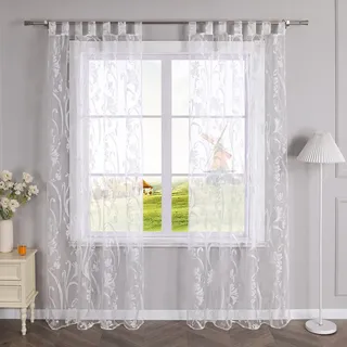 CORLIF Voile Gardine mit Schlaufen Vorhang Ausbrenner Muster Transparente Gardinen Wohnzimmer Schlafzimmer Gardinenschals Weiß BxH 140x245cm 1 Stück