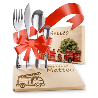 DEschenk personalisiertes Kinderbesteck mit Namensgravur | Besteck Kinder mit Gravur | Kindergeschirr personalisiert | Weihnachtsgeschenke für Babys | Taufgeschenk (Feuerwehr Set)