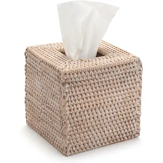Kosmetiktücherbox aus Rattan, Quadratische Geflochtener Tücherbox Halter, Gewebter Gesichtstuchhalter, Dekorative Taschentuchbox für Esstisch, Wohnzimmer, Badezimmer (Weiß)