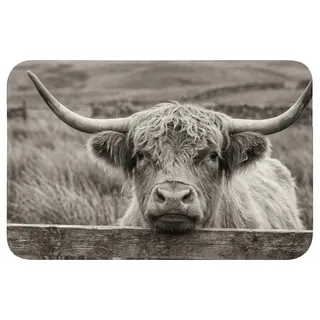 OnlyWow Badematte Schottischer Highlander - Schwarz - Weiß - Holz, Höhe 10 mm, Polyester, Rechteckig, Badezimmerteppich, Badteppich, Rutschfest, Badvorleger, Waschbar schwarz Rechteckig | 60 cm x 40 cm x 10 mm