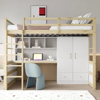 Merax Hochbett 90x200 cm, integriertem Schreibtisch mit Stauraum, Kleiderschrank und Schubladen, multifunktionales Kinder- und Jugendbett aus Holz, platzsparendes Einzelbett, Holzfarbe (ohne Matratze)