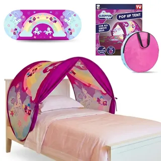 Sleepfun Tent Bettzelt 70x200 cm, Pop Up Betttunnel für Kinder, Schlafzelt mit Leselampe und Aufbewahrungstasche, Spielzelt, Leseecke und Rückzugsort für Kinderzimmer