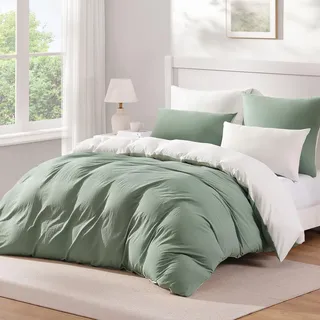 Duvetnova Bettwäsche 200x220 3teilig Salbeigrün/Weiß ÖKO-TEX Superweiche Vorgewaschene Mikrofaser Baumwollähnlich Ganzjährig verwendbar 1 Bettbezug 200x220+2 Kissenbezüge 80x80 mit Reißverschluss