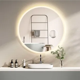HOKO Runder LED Badspiegel 80cm Hamburg. Designspiegel mit KOSMETIKSPIEGEL 3-Fach, Bad Spiegel LED beleuchtet mit Touch Schalter, LED Licht Wechsel.