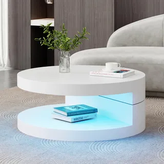 Merax Couchtisch Runde mit Drehbarer Schreibtisch, Moderner Wohnzimmertisch mit 16-Farbiger LED-Lichtleiste, Obere Tischplatte 360° frei drehbar, Sofatisch Kaffeetisch Beistelltisch für Büro, Weiß