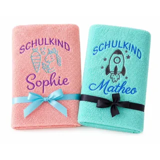 Personalisiertes Handtuch zur Einschulung mit Namen bestickt | Schulkind Handtuch aus 100% Baumwolle | Geschenk zum Schulanfang für Mädchen & Jungen | Verschiedene Motive, Farben & Größen