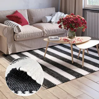 Aarav Fleckerlteppich 140 x 200 cm - Handgewebter Flickenteppich, Schwarz | Nachhaltiger Wendeteppich aus Baumwolle, flusenarmer Kelim Teppich für Allergiker und Fußbodenheizung geeignet.