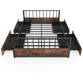 COSTWAY Bettgestell 140x200cm, Doppelbett mit Lattenrost, 2 Schubladen, Kopfteil & Fußteil, Bett Jugendbett, Metallbett kein Boxspring erforderlich - Braun/Schwarz