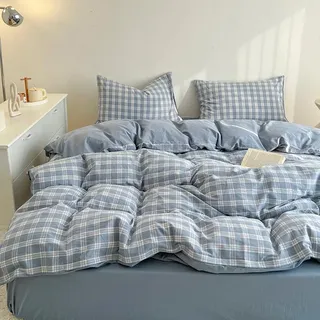 Covebett Bettwäsche 135x200 Kariert Blau Weiß Gewaschene Microfaser Wende Bettwäsche Set, Landhaus Style Aesthetic Karo Gitter Bettbezug und Kissenbezug 40x80 cm mit Reißverschluss