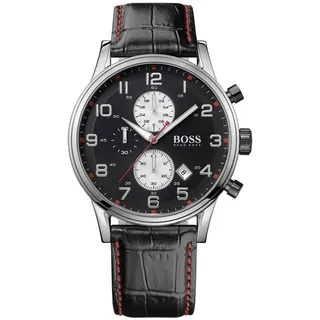 HUGO BOSS Uhr 1512631 Aeroliner Herrenuhr Chronograph Leder Schwarz Armbanduhr