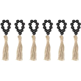 QUARKZMAN 6Stk Holz Perlen Serviettenring Bauernhaus Holz Perlen (Schwarz) | Servietten Schnallen mit Jute Seil Quasten für Weihnachten Thanksgiving Hochzeit Zuhause Tisch Dekor