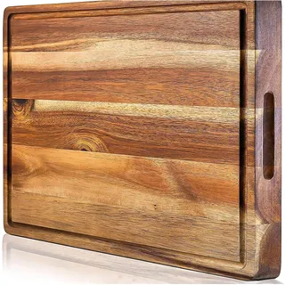 Focenat Schneidebrett aus Akazienholz, Klingenschonend, Massives Schneidebrett Holz mit Saftrille und Versteckter Griff, Holzbrett Küche, Holzschneidebrett, Wooden Cutting Board, 39 x 25.5 x 2.5cm
