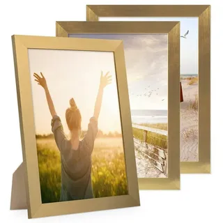 PHOTOLINI Bilderrahmen 3er Set breite Rahmen mit bruchsicherem Acrylglas für Fotos & Poster, für 3 Bilder (3er Set), im modernen Stil für Ihre stilvolle Wanddekoration goldfarben 21 cm x 30 cm