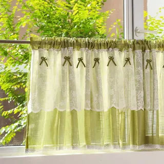 Ricemru Grün Scheibengardine Leinen Küche Landhaus Spitze 50 Hoch Modern Bistrogardine Halbtransparent Kurzstore Kurzvorhang Halbe Gardinen Kleine Vorhänge Fenster 1er Pack,90x50