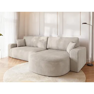 BROMARKT Ecksofa mit Schlaffunktion und Bettkasten Cordstoff Sofa Dreisitzer Schlafsofa Eckcouch Relaxsofa für Wohnzimmer Wohnlandschaft L-Form Bisk 275x170x85cm Creme