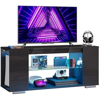 LED TV Lowboard Modern mit Fernbedienung, für bis zu 55 Zoll Fernseher, 120cm Breite, mit Glasboden & Ablagefächern - Schwarz