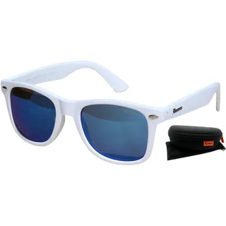 Rennec Sonnenbrille Verspiegelt Weiß Matt, UV400 Schutz, mit Hardcase, Damen Herren Markenbrille, Nerd Brille Retro Festivalbrille (Hellblau Verspiegelt - Rahmen Weiß) - Breite 144mm , Höhe 48mm
