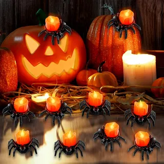 Halloween Deko Spinne Teelichter, 12 Stück LED Teelichter Kürbis, Flammenlose Kerzen LED Kerzen, Led Teelichter Spinne Nachtlicht Kerze Pumpkin Licht für Halloween Outdoor Indoor Party