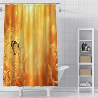 ZZDXW Duschvorhang 180x200 Orange Gelber Schmetterling Polyester Duschvorhänge Waschbar Wasserdicht Schimmelresistent mit 12 Duschvorhangringen für das Badezimmer
