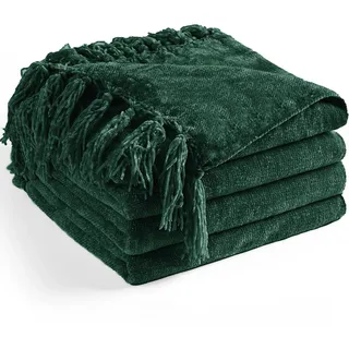 LONG CREATE Chenille-Überwurfdecke für Couch, 152 x 203 cm cm, weich, gemütlich, Überwurf mit Fransenquaste für Bett, Sofa, Stuhl, leicht, gestrickt, dekorative Boho-Decken für Wohnzimmer, Dunkelgrün
