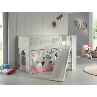 Vipack Hochbett Scott 90 x 200 cm Kiefer massiv weiß lackiert mit Rutsch-/Leiterturm und Vorhang