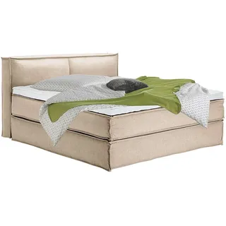home24 Boxspringbett, Beige, Textil, H2 + H3, 7-Zonen, Höhe ca. 24 cm, 180x220 cm, gepolstertes Kopfteil, Topper durchgehend, Partnermatratze mit durchgehendem Bezug, Schlafzimmer, Betten, Doppelbetten