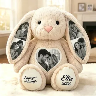 Personalisierter Stoffhase mit 5 Fotos, Kuscheltier Hase mit Versteckten Bildern in den Ohren Personalisiert, Foto Kuscheltier aus Weichem Plüsch, Warmes Geschenk für Paare Familie Freunde, 26cm/40cm