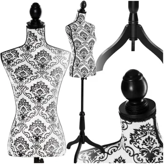tectake® Schneiderpuppe verstellbar, Schaufensterpuppe weiblich, Damenbüste Mannequin, Büste, Kleiderpuppe, Nähpuppe, Schneiderbüste, Stehpuppe, Kleiderpuppe Damen - Blumenmuster schwarz/weiß